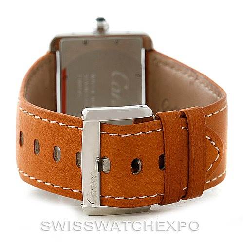 This image shows the backside of a Cartier Tank Divan W6300655 Men's Stainless Steel Silver Dial W6300655 Men's Stainless Steel Silver Dial watch, highlighting the brown leather strap and the clasp.