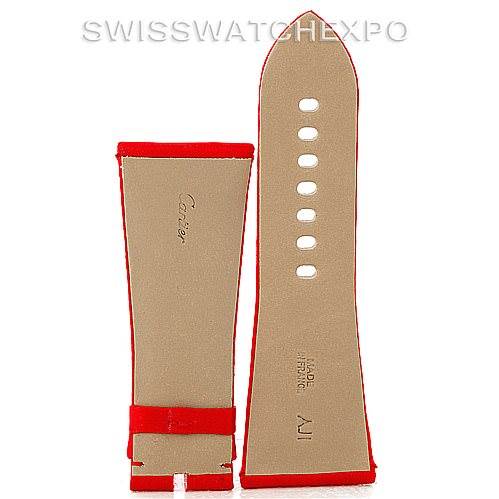 This image shows two red leather watch straps designed for the Cartier Tank Divan W6300856 Yellow Gold Silver Dial W6300856 Yellow Gold Silver Dial model, displayed front and back.