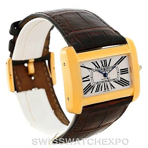 The image shows a Cartier Tank Divan W6300856 Yellow Gold Silver Dial W6300856 Yellow Gold Silver Dial watch at an angled front view, highlighting the rectangular face, gold case, and brown leather strap.