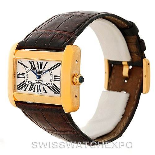The image shows a Cartier Tank Divan W6300856 Yellow Gold Silver Dial W6300856 Yellow Gold Silver Dial watch angled to display the face, side, and partial band.