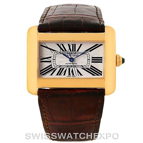 The Cartier Tank Divan W6300856 Yellow Gold Silver Dial W6300856 Yellow Gold Silver Dial watch is shown from the front angle, displaying its dial, case, and brown leather strap.
