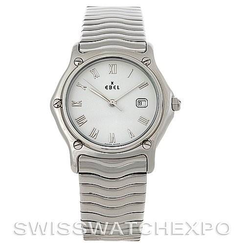 The image shows a front angle of the Ebel 9087132/0240P Men's Stainless Steel White Dial 9087132/0240P Men's Stainless Steel White Dial Stainless Steel Men Watch 9087132/0240P, highlighting its face, strap, and side buttons.