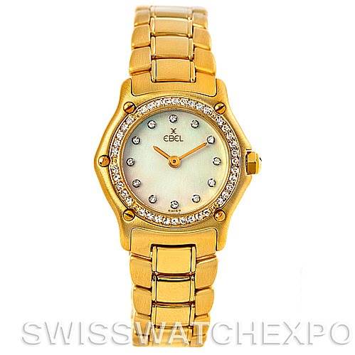 The image shows the front view of an Ebel 890910 Women's Yellow Gold Mother of Pearl Dial 890910 Women's Yellow Gold Mother of Pearl Dial Ladies 18K Yellow Gold Diamond Watch 890910, highlighting the dial, bezel, and bracelet.