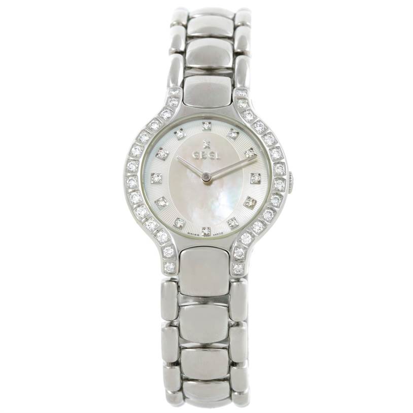 The image shows a front-facing view of the Ebel E9157428-20 Women's Stainless Steel Mother of Pearl Dial E9157428-20 Women's Stainless Steel Mother of Pearl Dial Beluga Ladies Steel Mother of Pearl Diamond Watch, model E9157428-20.