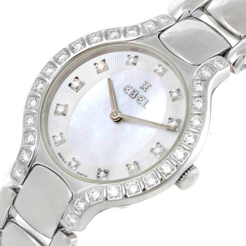 This image shows a close-up of the Ebel E9157428-20 Women's Stainless Steel Mother of Pearl Dial E9157428-20 Women's Stainless Steel Mother of Pearl Dial Beluga Ladies Steel Mother of Pearl Diamond Watch E9157428-20, focusing on its face and bracelet.