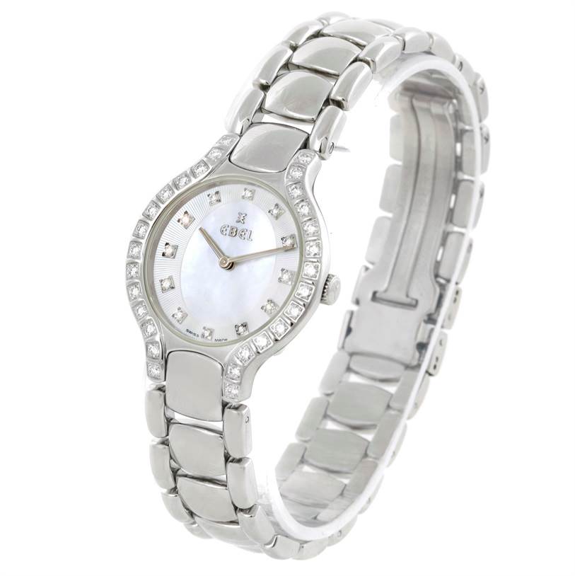 The image shows a front and slightly angled view of the Ebel E9157428-20 Women's Stainless Steel Mother of Pearl Dial E9157428-20 Women's Stainless Steel Mother of Pearl Dial Beluga Ladies Steel Mother of Pearl Diamond Watch E9157428-20.