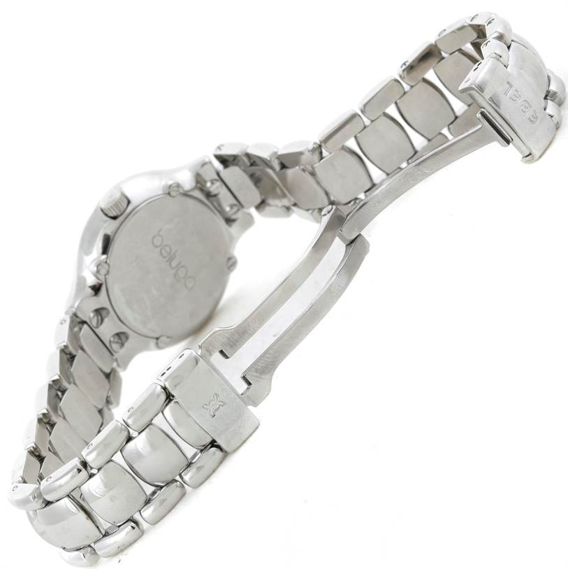The image shows the back and bracelet clasp of the Ebel E9157428-20 Women's Stainless Steel Mother of Pearl Dial E9157428-20 Women's Stainless Steel Mother of Pearl Dial Beluga Ladies Steel Mother of Pearl Diamond Watch E9157428-20.