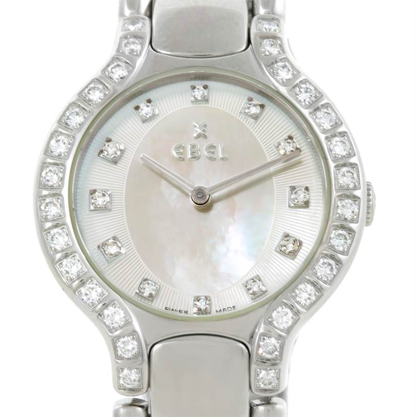 This image shows a front view of the Ebel E9157428-20 Women's Stainless Steel Mother of Pearl Dial E9157428-20 Women's Stainless Steel Mother of Pearl Dial Beluga Ladies Steel Mother of Pearl Diamond Watch E9157428-20, focusing on the dial and bezel.