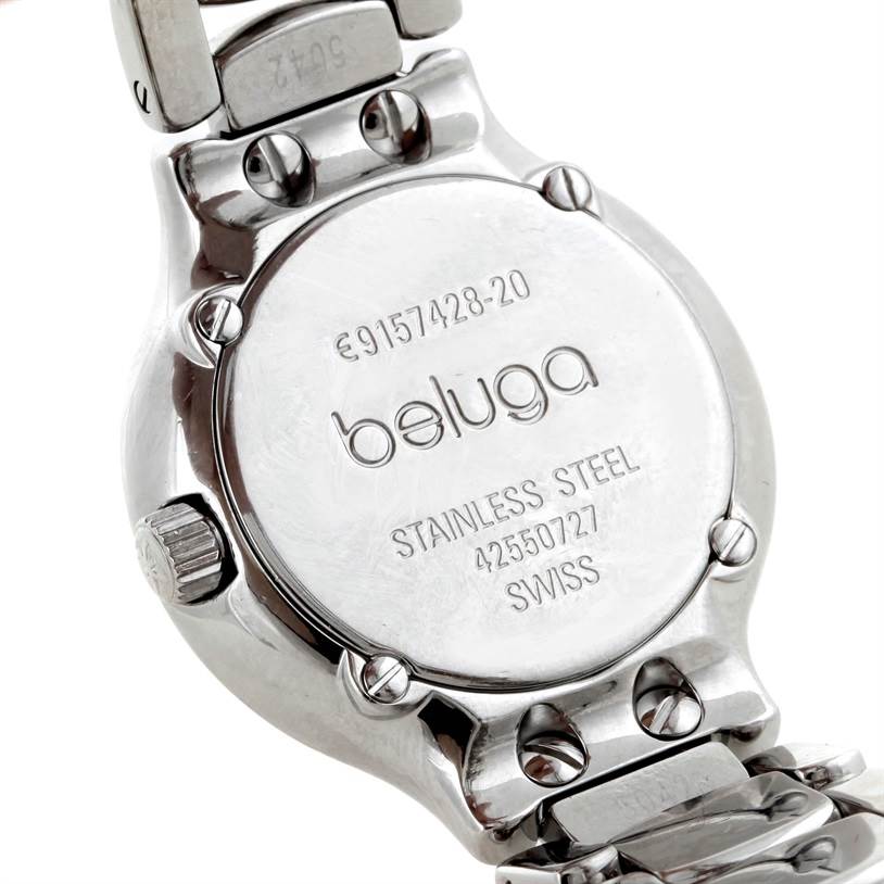 The image shows the back case of the Ebel E9157428-20 Women's Stainless Steel Mother of Pearl Dial E9157428-20 Women's Stainless Steel Mother of Pearl Dial Beluga Ladies Steel Mother of Pearl Diamond Watch E9157428-20, highlighting engravings.