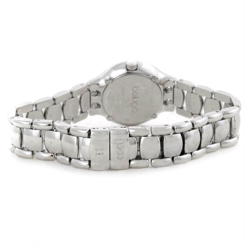 The image shows the back view of the Ebel E9157428-20 Women's Stainless Steel Mother of Pearl Dial E9157428-20 Women's Stainless Steel Mother of Pearl Dial Beluga Ladies Steel Mother of Pearl Diamond Watch E9157428-20, highlighting the band and clasp.