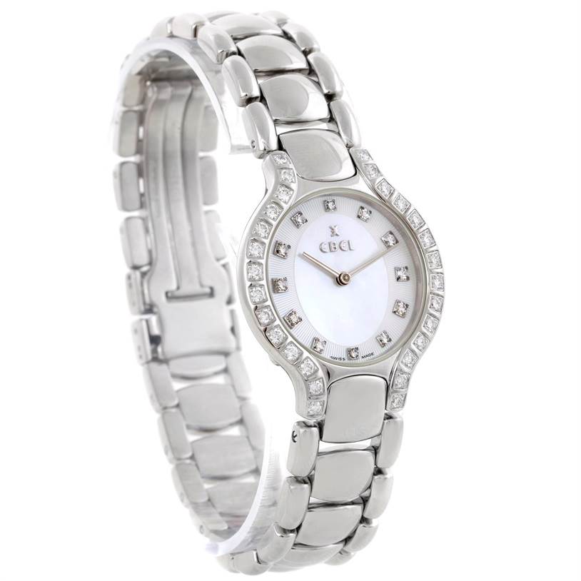 The image shows a front and angled view of the Ebel E9157428-20 Women's Stainless Steel Mother of Pearl Dial E9157428-20 Women's Stainless Steel Mother of Pearl Dial Beluga Ladies Steel Mother of Pearl Diamond Watch E9157428-20, highlighting its bracelet and dial.