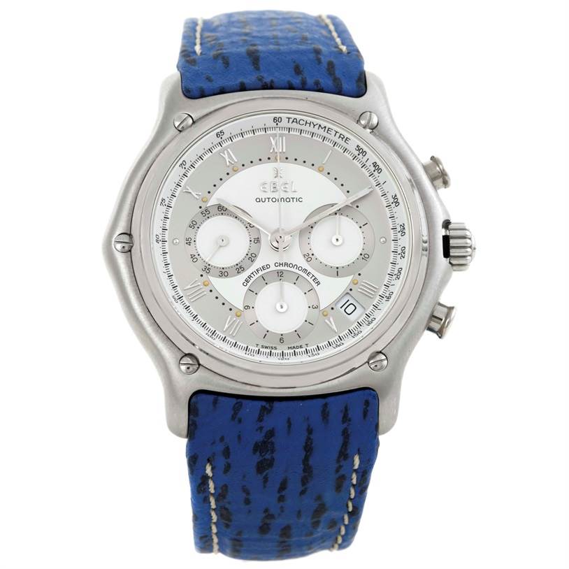 The Ebel 9137241 Stainless Steel Silver Dial 9137241 Stainless Steel Silver Dial Le Modulor Automatic Chronograph 9137241 is shown from a front angle, displaying the dial and blue strap.