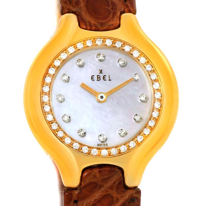 This image shows a front view of the Ebel 866940 Women's Yellow Gold Mother of Pearl Dial 866940 Women's Yellow Gold Mother of Pearl Dial Beluga Ladies Yellow Gold Mother of Pearl Diamond Watch 866940 model, highlighting its dial and bezel.