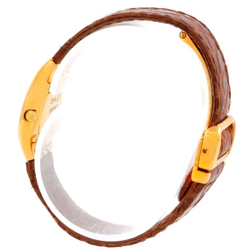 The image shows a side angle of the Ebel 866940 Women's Yellow Gold Mother of Pearl Dial 866940 Women's Yellow Gold Mother of Pearl Dial Beluga Ladies Yellow Gold Mother of Pearl Diamond Watch 866940, highlighting its strap and buckle.