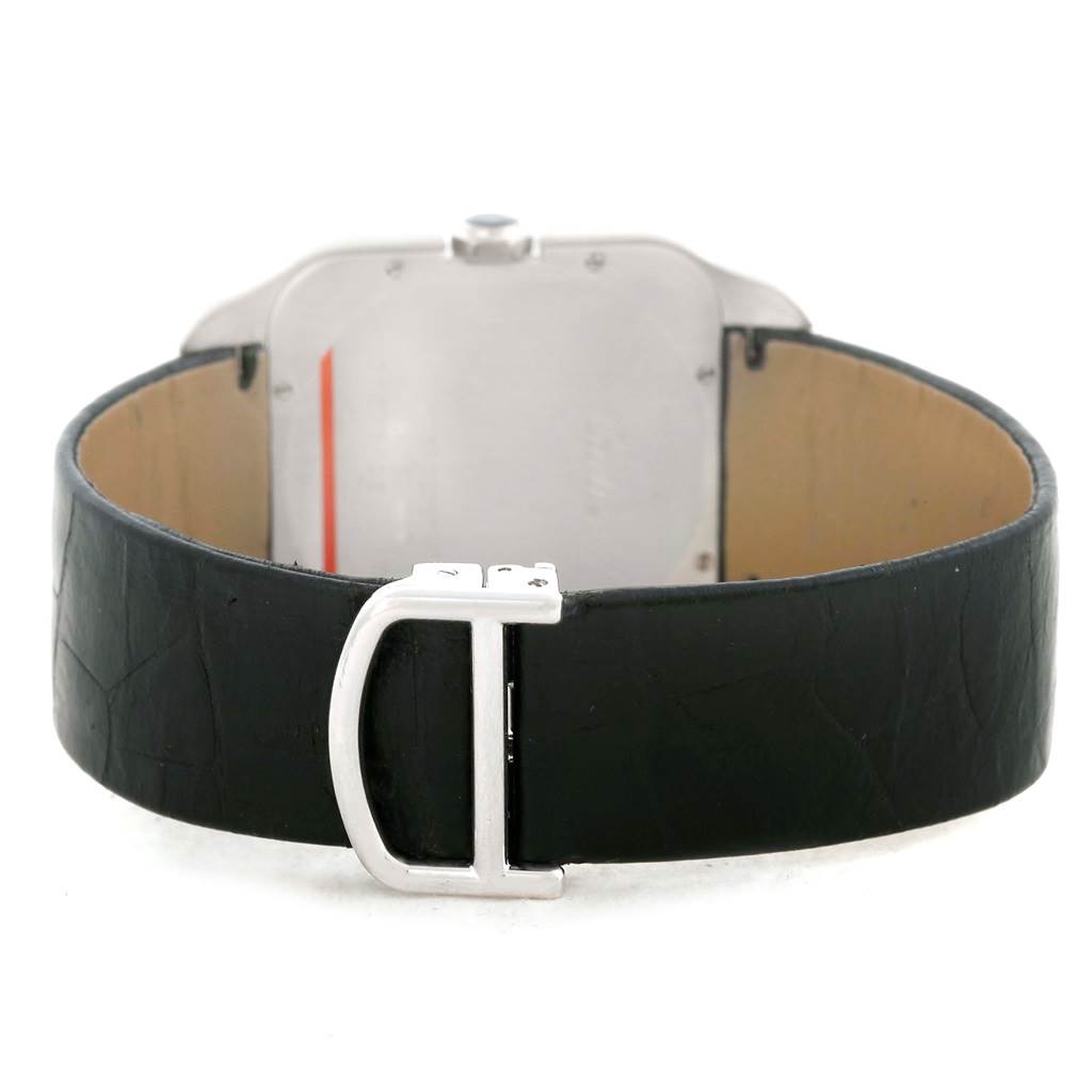 This image shows the back view of the Santos Dumont model by Cartier, highlighting the buckle and leather strap.