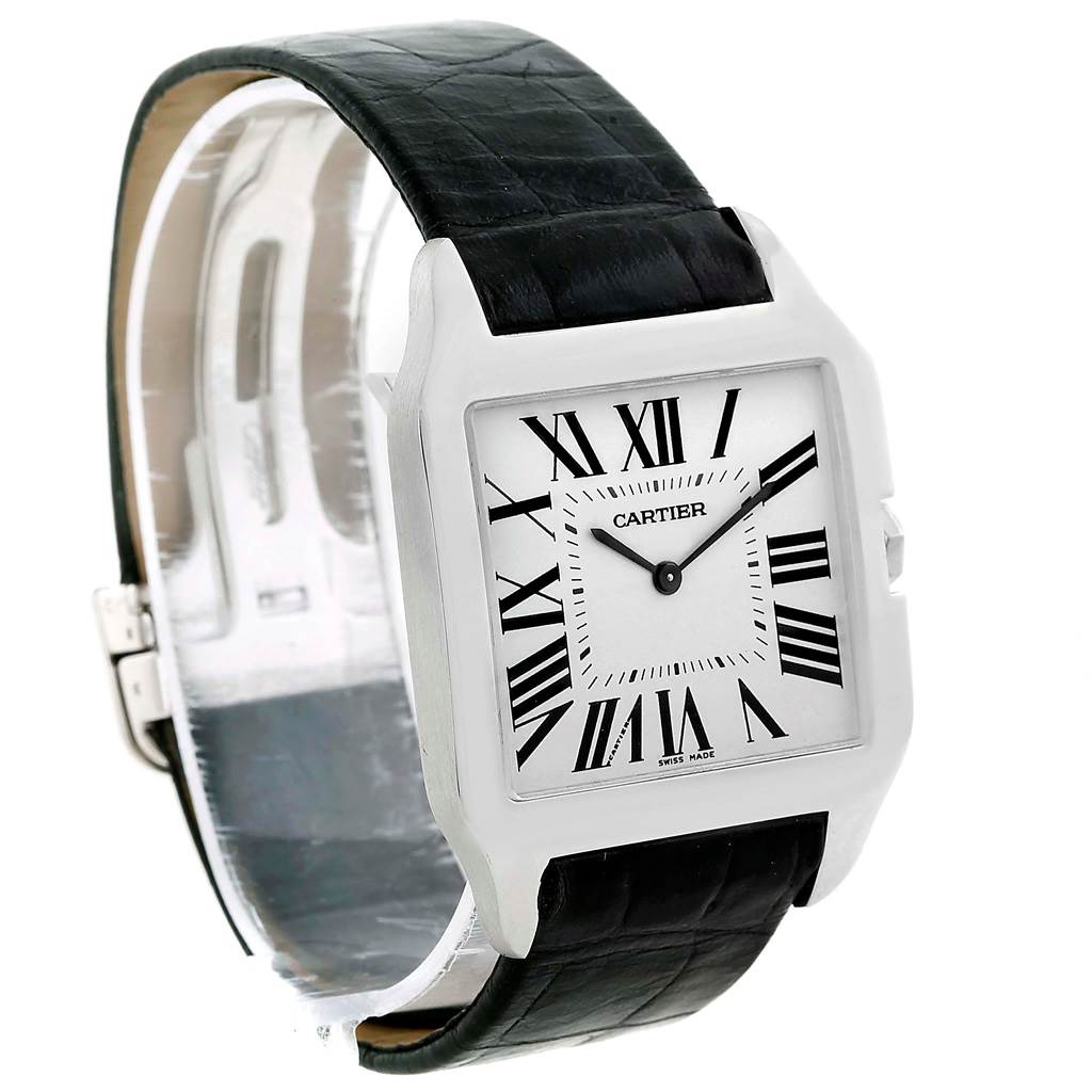 The image shows a Cartier Santos Dumont W2007051 Men's White Gold Silver Dial W2007051 Men's White Gold Silver Dial watch at a slight angle, highlighting its square face, Roman numerals, and black leather strap.