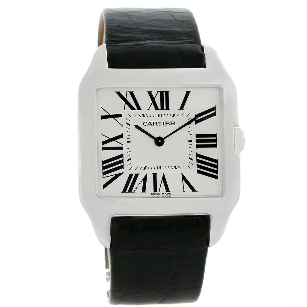 This Cartier Santos Dumont W2007051 Men's White Gold Silver Dial W2007051 Men's White Gold Silver Dial watch is shown from the front, highlighting the dial, Roman numerals, and black leather strap.