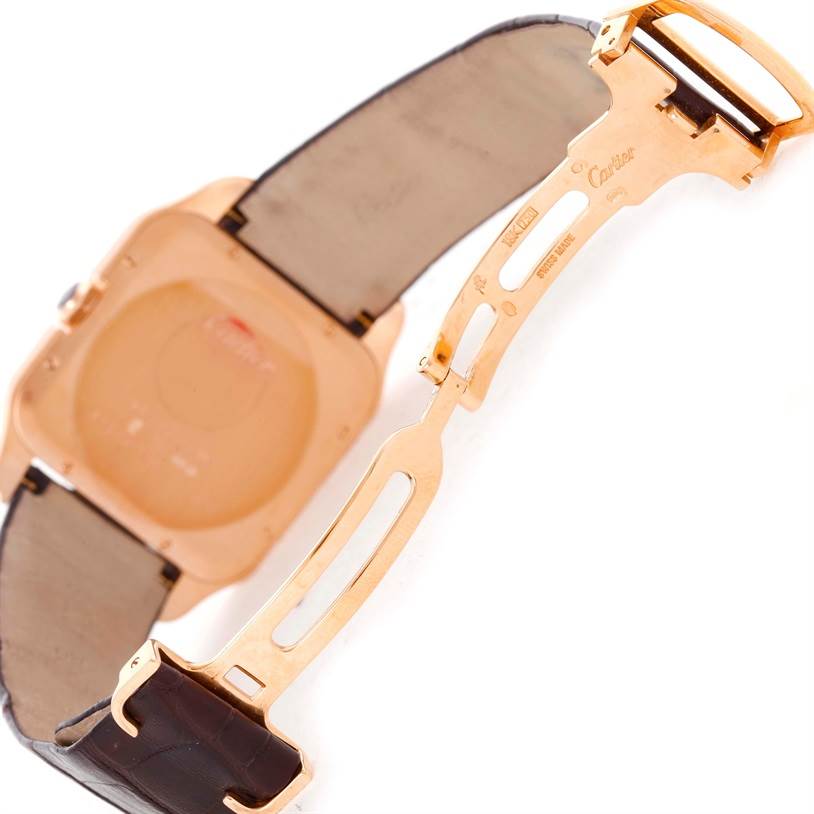 The image shows the side and back of the Santos Dumont model by Cartier, focusing on the clasp and strap.
