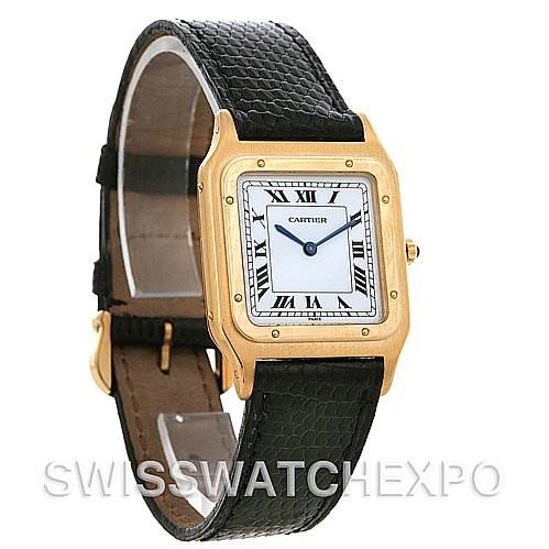The image shows a Cartier Santos Dumont Yellow Gold White Dial Yellow Gold White Dial watch at a three-quarter angle, highlighting its square face, gold case, and black leather strap.