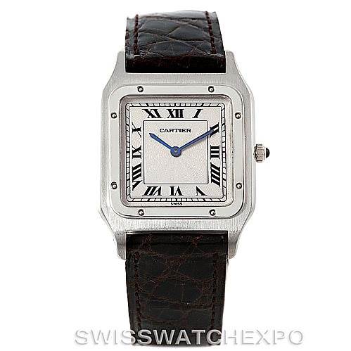 The Cartier Santos Dumont 15751 Platinum White Dial 15751 Platinum White Dial watch is shown from a top-down angle, displaying its face, bezel, and strap.