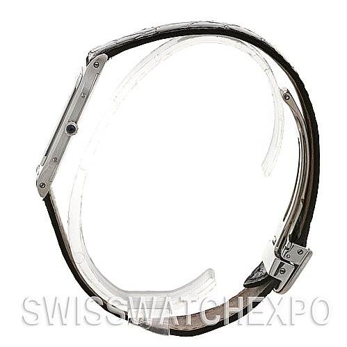 This image shows a side profile of the Cartier Santos Dumont 15751 Platinum White Dial 15751 Platinum White Dial watch, focusing on the case thickness and leather strap.