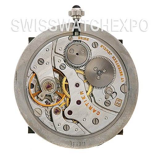 The image shows the intricate inner mechanics of a Cartier Santos Dumont 15751 Platinum White Dial 15751 Platinum White Dial watch from a top-down angle.