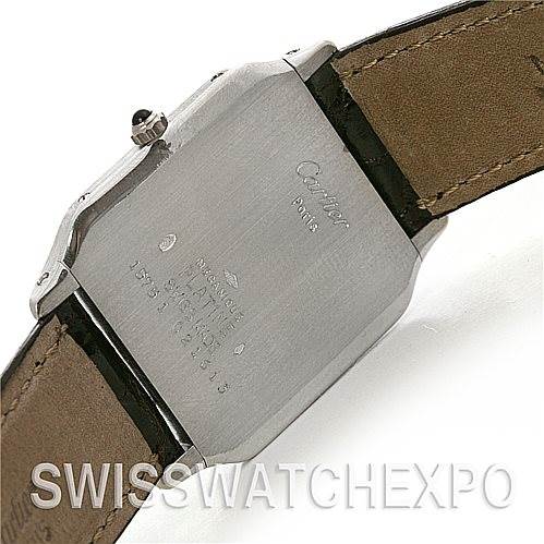 The image shows the back casing and leather straps of a Cartier Santos Dumont 15751 Platinum White Dial 15751 Platinum White Dial watch.