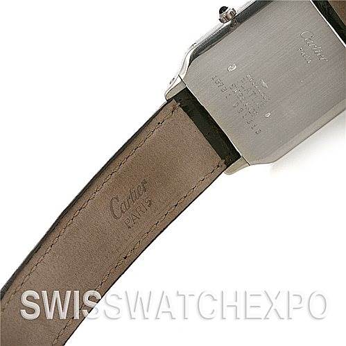 The image shows the back view of a Santos Dumont model by Cartier, focusing on the strap and case back.