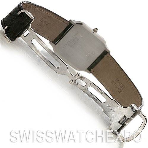 The image shows the back and clasp of a Cartier Santos Dumont 15751 Platinum White Dial 15751 Platinum White Dial watch, highlighting the leather strap and deployment buckle.