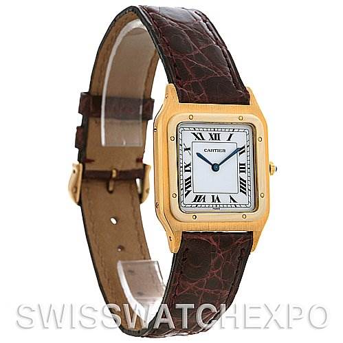 This image shows a Santos Dumont model by Cartier viewed at a slightly angled side perspective, showcasing the face, case, strap, and buckle.