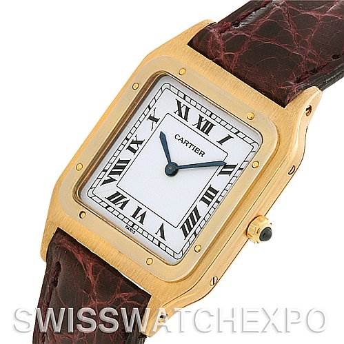 This image shows a Cartier Santos Dumont Yellow Gold White Dial Yellow Gold White Dial watch from a front angle, highlighting its dial, case, crown, and leather strap.