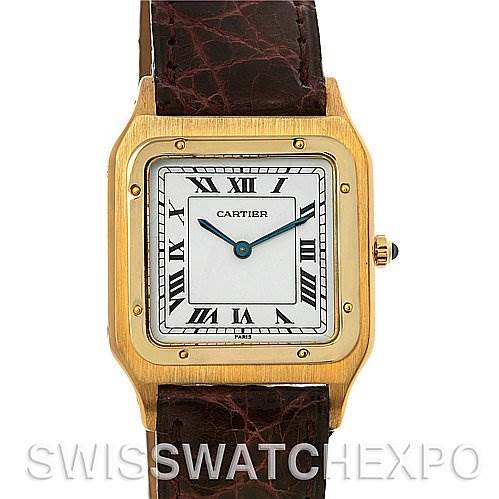 The image shows a front view of the Cartier Santos Dumont Yellow Gold White Dial Yellow Gold White Dial watch, highlighting the dial, bezel, and leather strap.