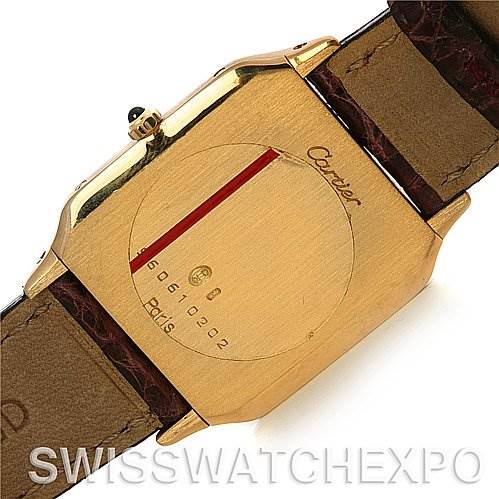 This image shows the back view of the Santos Dumont watch by Cartier, highlighting the case back and part of the leather strap.
