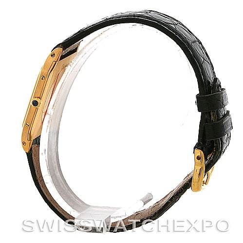 This image shows a side view of the Cartier Santos Dumont Men's Yellow Gold White Dial Men's Yellow Gold White Dial watch, highlighting the strap and clasp.