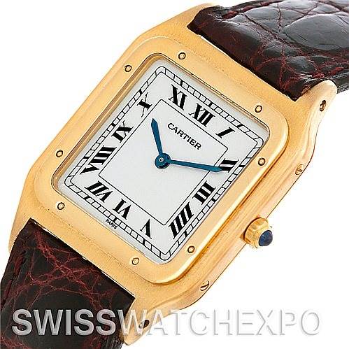 This image shows a Santos Dumont model by Cartier at an angled view, highlighting the watch face, case, crown, and part of the strap.