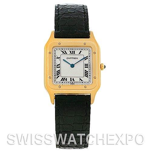This image shows a front view of the Cartier Santos Dumont Men's Yellow Gold White Dial Men's Yellow Gold White Dial watch, displaying its square dial, Roman numeral markers, and black leather strap.