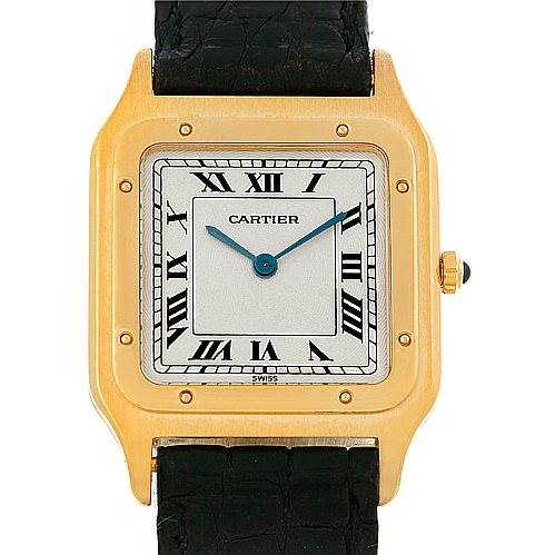 The image shows a front view of a Cartier Santos Dumont Men's Yellow Gold White Dial Men's Yellow Gold White Dial watch, highlighting its square face, Roman numerals, and leather strap.