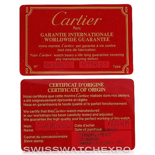 The image shows the international warranty and certificate of origin cards for the Santos Dumont model by Cartier.