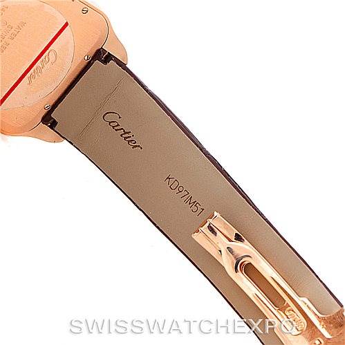 This image shows the back of a Santos Dumont watch by Cartier, featuring the strap and clasp.