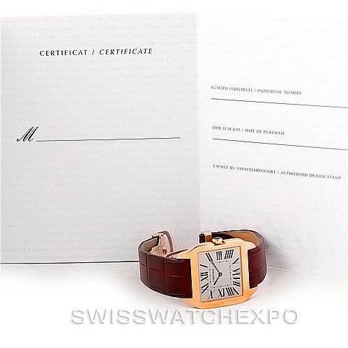 The image shows a Cartier Santos Dumont W2006951 Men's Rose Gold Silver Dial W2006951 Men's Rose Gold Silver Dial watch at an angle that displays its face and strap, alongside the certification documents.