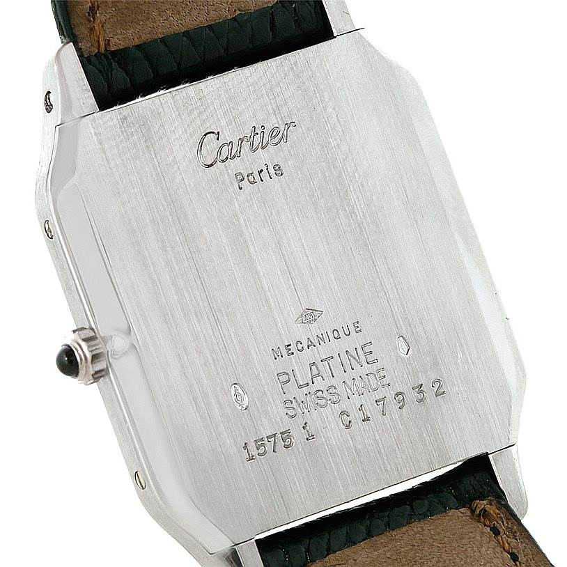 This image shows the backside, inscription, and strap attachment of the Cartier Santos Dumont 15751 Men's Platinum White Dial 15751 Men's Platinum White Dial watch.