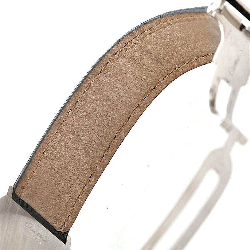 This close-up shows the inner leather strap of a Cartier Santos Dumont 15751 Men's Platinum White Dial 15751 Men's Platinum White Dial watch, highlighting the "Made in France" engraving.