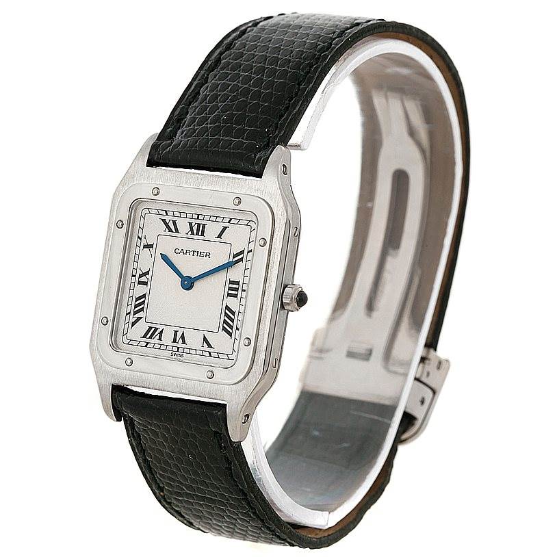 The image shows a Cartier Santos Dumont 15751 Men's Platinum White Dial 15751 Men's Platinum White Dial watch at a three-quarter angle, highlighting its square dial, Roman numerals, and black leather strap.