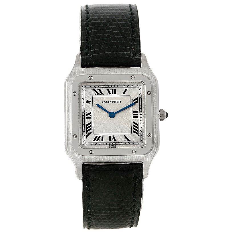 The Cartier Santos Dumont 15751 Men's Platinum White Dial 15751 Men's Platinum White Dial watch is shown from a top-down angle, displaying the face, bezel, crown, and black strap.