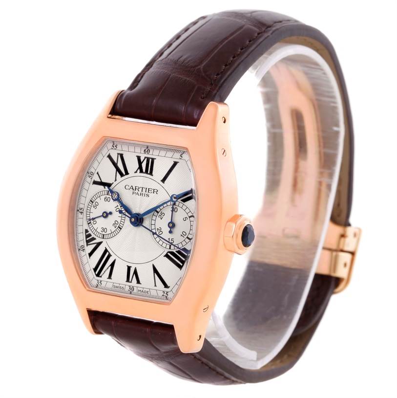 The Cartier Tortue W1543651 Men's Rose Gold Silver Dial W1543651 Men's Rose Gold Silver Dial watch is shown at a front angle, displaying its face, dial, bezel, crown, and strap.