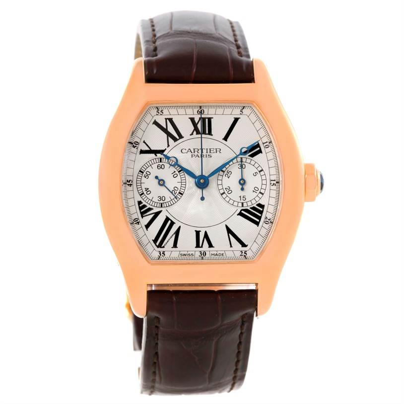 This image shows a front view of the Cartier Tortue W1543651 Men's Rose Gold Silver Dial W1543651 Men's Rose Gold Silver Dial model watch, highlighting its face, strap, and crown.