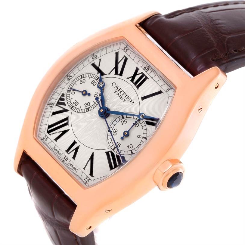 The image shows a close-up angle of the Cartier Tortue W1543651 Men's Rose Gold Silver Dial W1543651 Men's Rose Gold Silver Dial watch, highlighting the dial, case, crown, and part of the leather strap.