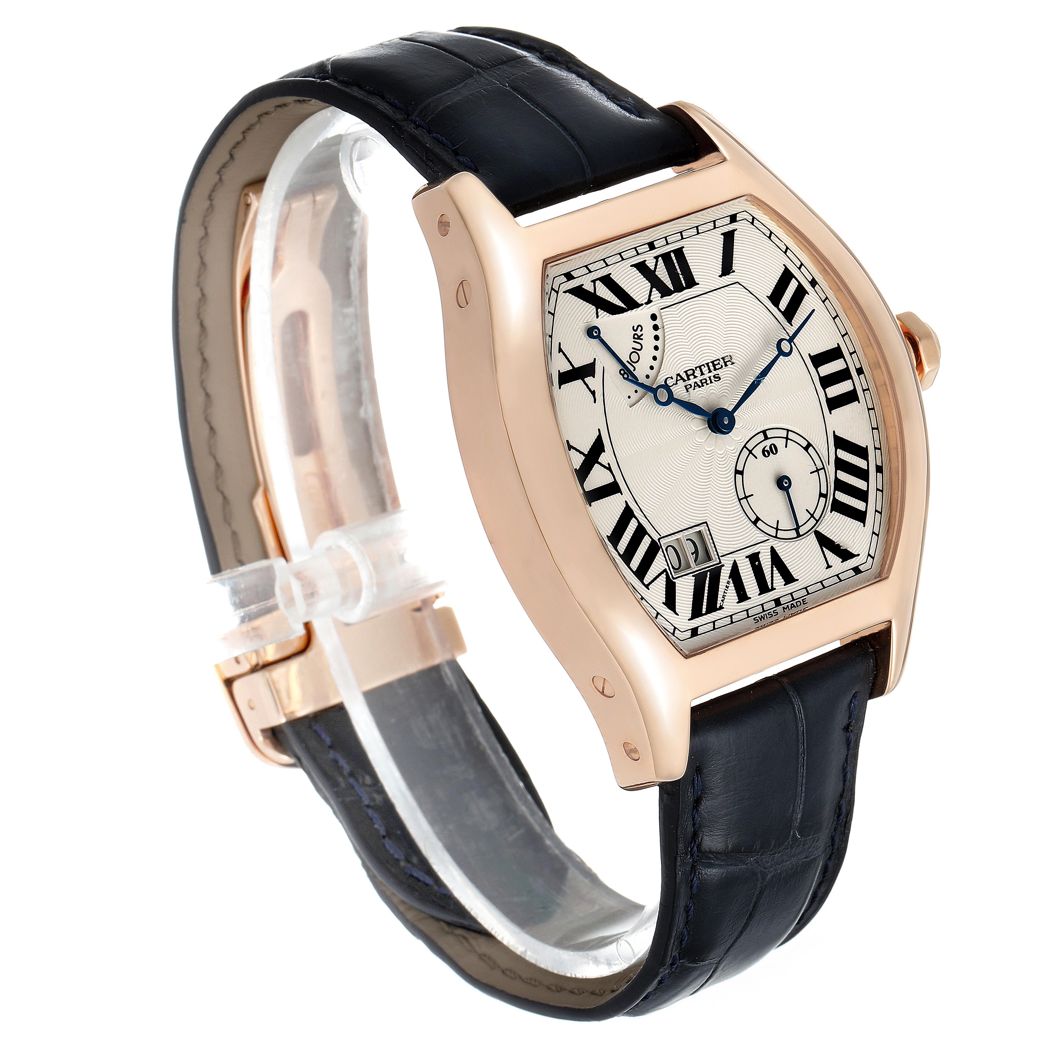 The Cartier Tortue W1545851 Men's Rose Gold Silver Dial W1545851 Men's Rose Gold Silver Dial watch is shown from a front-side angle, displaying its face, case, and leather strap.
