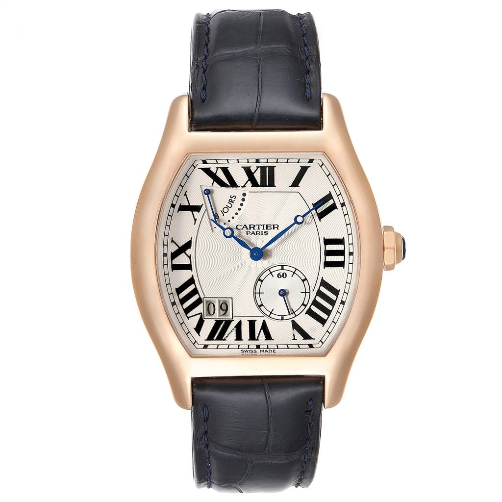 The image shows a frontal view of the Cartier Tortue W1545851 Men's Rose Gold Silver Dial W1545851 Men's Rose Gold Silver Dial watch, displaying the face, strap, and case.