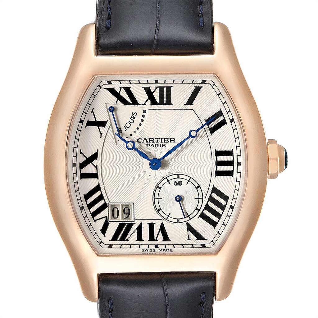 The image shows a Cartier Tortue W1545851 Men's Rose Gold Silver Dial W1545851 Men's Rose Gold Silver Dial watch face, featuring Roman numerals, blue hands, a date display, and a black leather band.